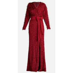 NWT Tadashi Shoji Red Beya Eyelash Yarn Long Dress Crystal Bow Size Medium $558